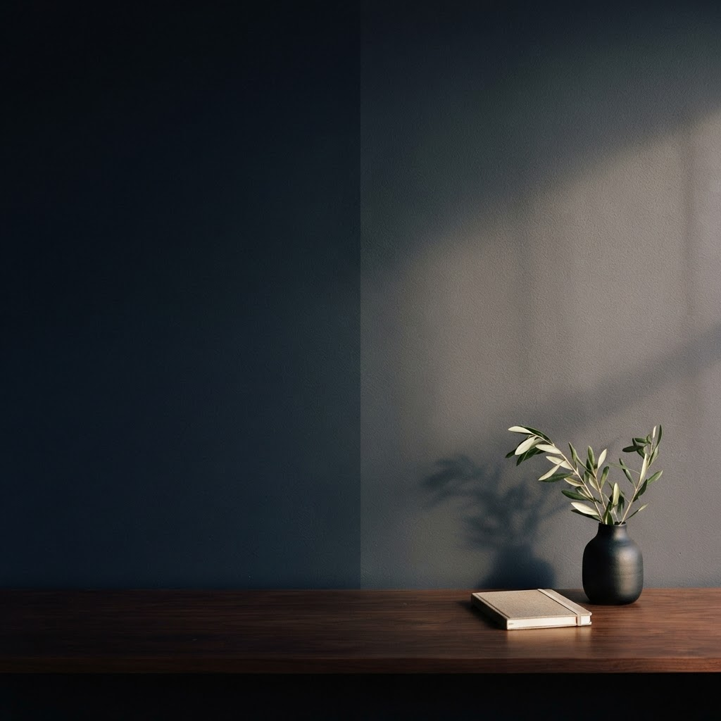 A quiet study with a walnut desk, notebooks, and a vase in warm directional light.